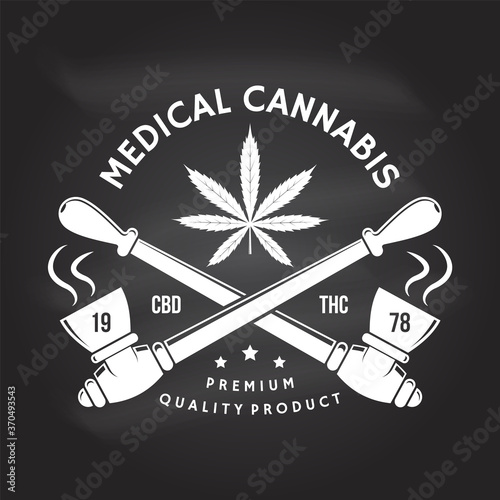 Medical cannabis badge, label with cannabis leaf, marijuana pipe Vector Vintage typography logo design with cannabis leaf, marijuana pipe silhouette For weed shop cannabis, marijuana delivery service