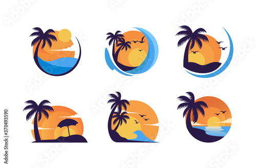Set of summer sunset beach logo design