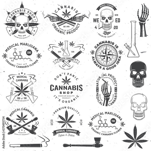 Set of medical cannabis badge, label with skull, skeleton hand, smoking marijuana. Vector Vintage typography logo design with cannabis, skeleton hand silhouette For weed shop, marijuana delivery