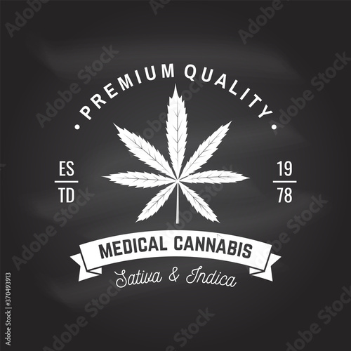Medical cannabis badge, label with cannabis leaf and ribbon. Vector Vintage typography logo design with cannabis leaf and ribbon silhouette For weed shop, cannabis, marijuana delivery service