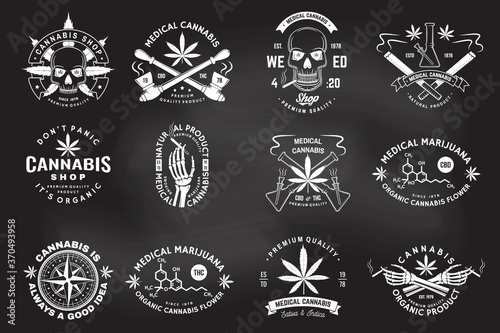 Set of medical cannabis badge, label with skull, skeleton hand, smoking marijuana. Vector Vintage typography logo design with cannabis, skeleton hand silhouette For weed shop, marijuana delivery