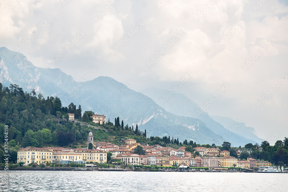 Bellagio City Skyline. Italy. Panoramic View on Lake Como with Alps.