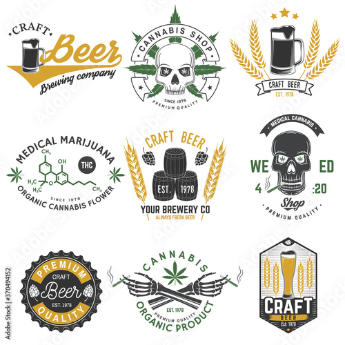 Set of medical cannabis and craft beer badge, label with skull, skeleton hand, smoking marijuana. Vector illustration. For weed shop, marijuana delivery, bar, pub