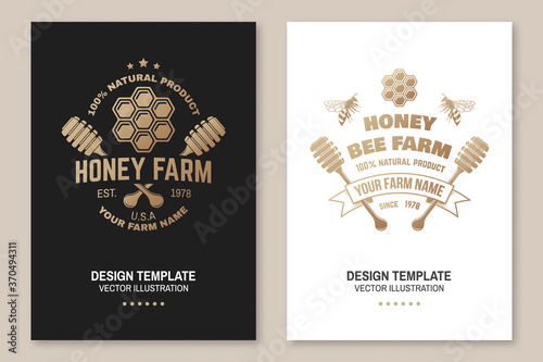 Honey farm badge. Vector. Concept for poster, flyer, template. Vintage typography design with honeycomb piece and honey dipper silhouette. Retro design for honey bee farm business