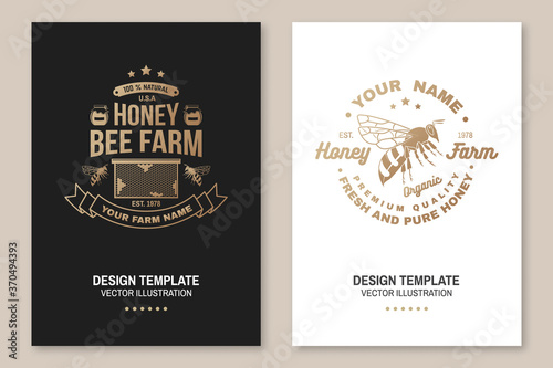 Honey farm badge. Vector. Concept for poster, flyer, template. Vintage typography design with honeycomb piece and honey dipper silhouette. Retro design for honey bee farm business