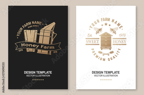 Set of Honey bee farm poster, flyer, template. Vector. Vintage typography design with bee, hive and honey dipper silhouette. Design for honey bee farm business