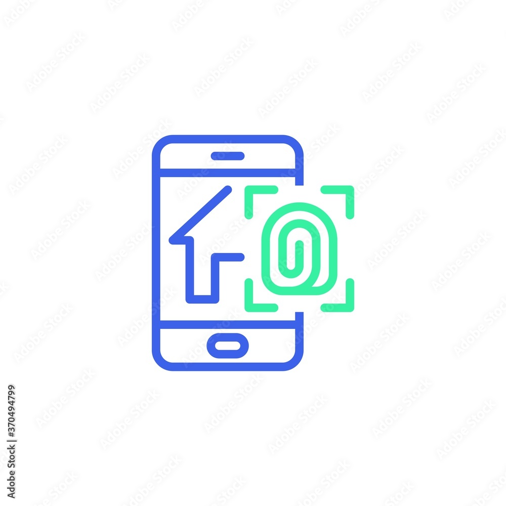 Smartphone with smart home security system icon vector, smart home fingerprint security filled flat sign, bicolor pictogram, green and blue colors. Symbol, logo illustration Smartphone with smart home security system icon vector, smart home fingerprint security filled flat sign, bicolor pictogram, green and blue colors. Symbol, logo illustration