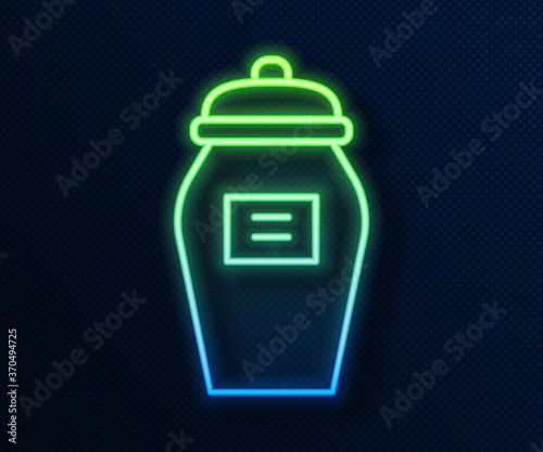 Glowing neon line Funeral urn icon isolated on blue background. Cremation and burial containers, columbarium vases, jars and pots with ashes. Vector.