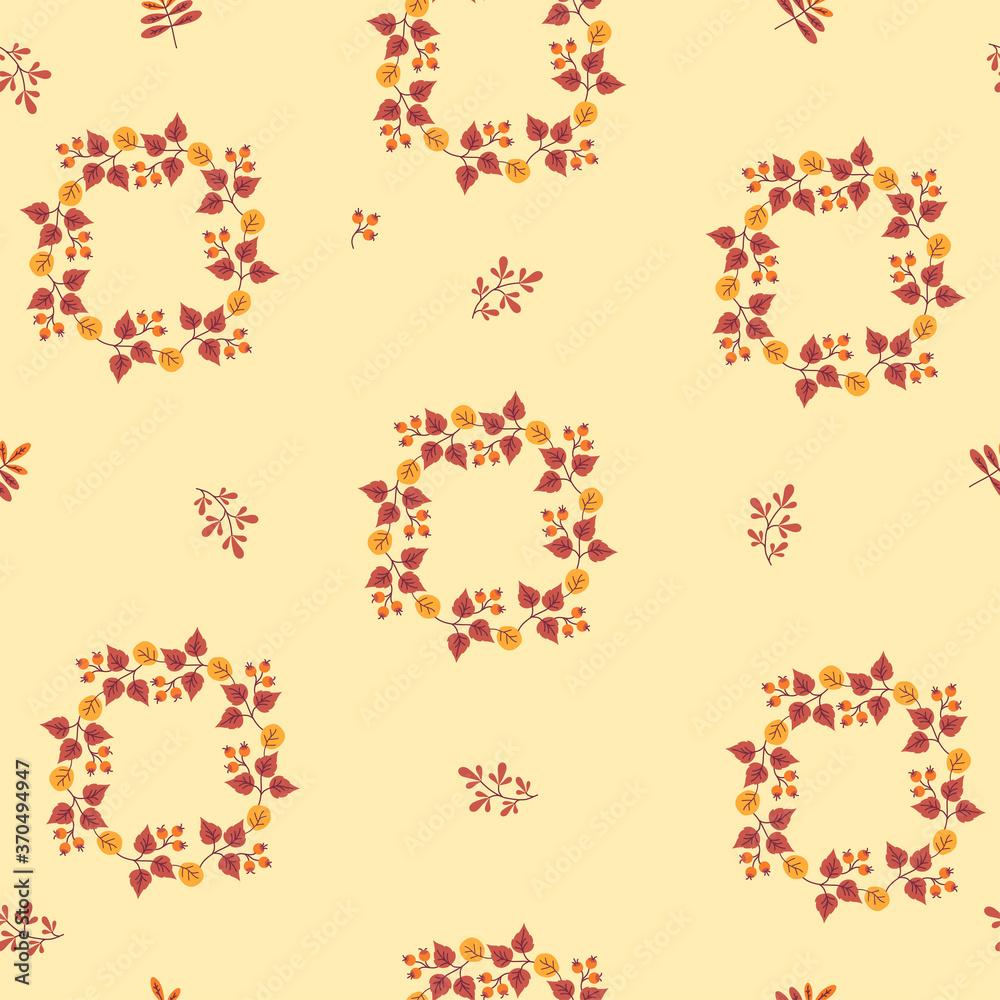 Seamless patterns. Abstract cover design from circular vignettes of colorful leaves and branches on a light background. Autumn pattern. With colorful seamless patterns. Vector illustration