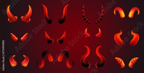 Realistic red devil horn pair set in different shapes and sizes