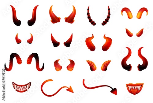 Monster or devil attributes and body parts set vector illustration isolated.