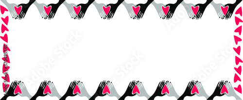 
Frame for a banner made of hearts and human palms of two colors. The concept of the unity of races and nationalities. The idea of ​​the unity of peoples. Copy space for text.