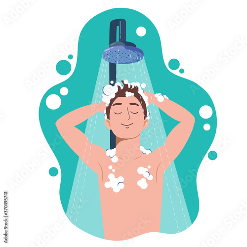 Young man taking shower in bathroom. Washes head, hair and body with shampoo and soap. Flat cartoon vector illustration
