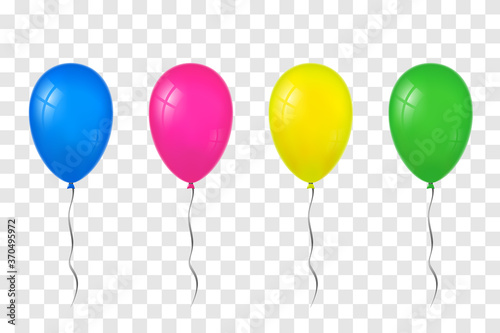 Balloons 3D set, thread, isolated white transparent background. Color glossy flying baloon, ribbon, birthday celebrate, surprise. Helium ballon gift. Realistic design happy bday Vector illustration