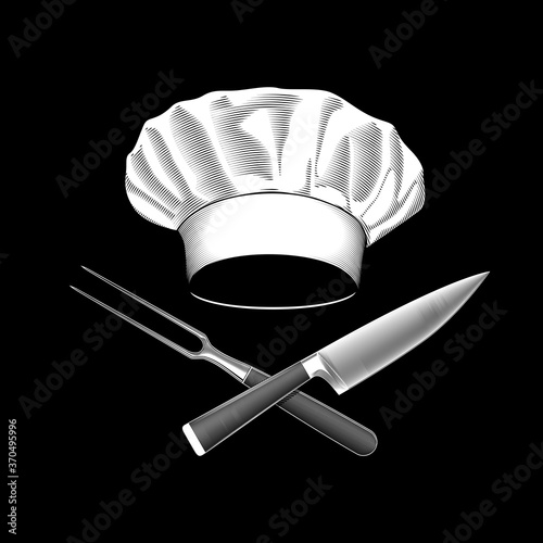 Chef's hat with crossed knife and fork. Stock vector illustration.