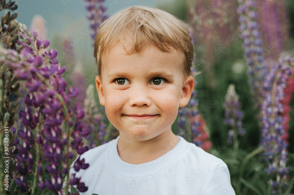 portrait of a cute little happy four year old kid boy with bloom flowers lupines in a field in nature outdoor portrait of a cute little happy four year old kid boy with bloom flowers lupines in a field in nature outdoor