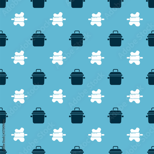 Set Cooking pot and Rolling pin on dough on seamless pattern. Vector.