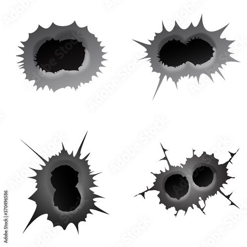 Bullet double hole on white background. set of double realisic metal bullet hole, damage effect. Vector illustration.