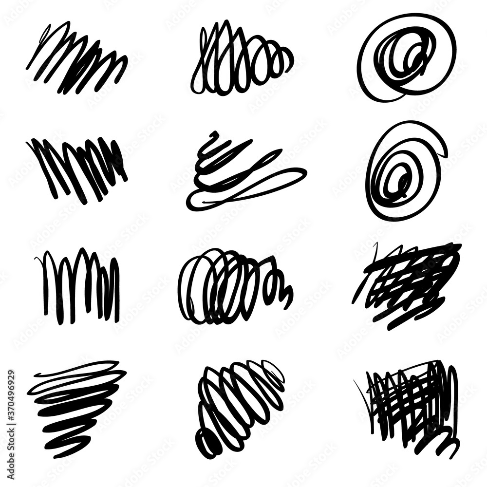 Set of handmade graphic elements. Collection of abstract shapes and sketches, doodles. Strikethrough, lattice, spiral. Marker drawn design. Isolated.Vector illustration