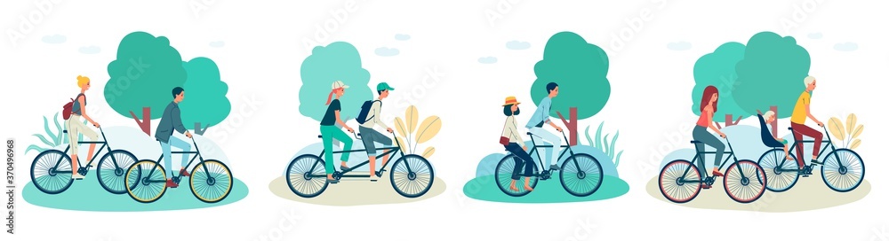 Cartoon couples riding bicycle on summer park, young man and woman