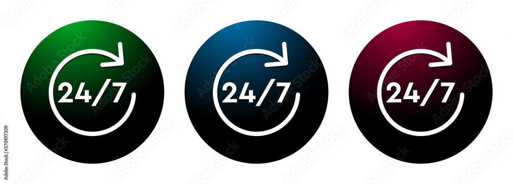 24/7 rotate arrow icon night surface round button set illustration 24/7 rotate arrow icon night surface round button set illustration