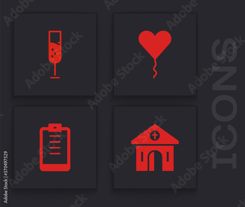 Set Church building, Glass of champagne, Balloon form heart and Clipboard with checklist icon. Vector.