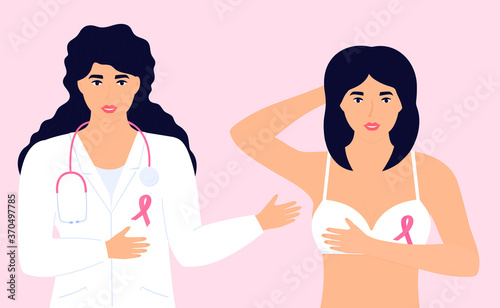 Woman is checking her breast. The girl is on a doctor's examination. Cancer Awareness Month