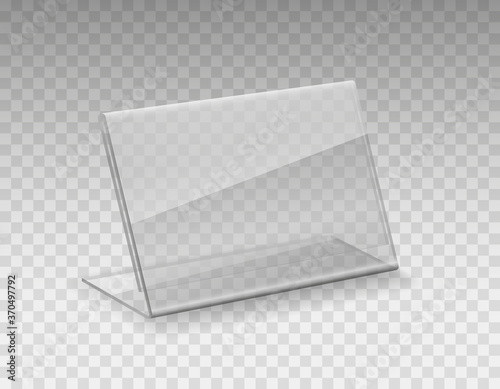 Stand, acrylic table tent, card holder isolated on transparent background. Vector empty flyer glass display. Plastic frame of photo or restaurant menu mock up