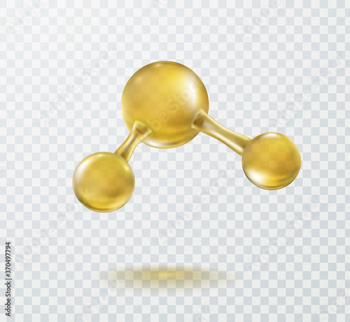 Molecule model isolated on transparent background. Gold molecular structure of water or research pattern. Vector 3d medical sphere, science and biotechnology concept element