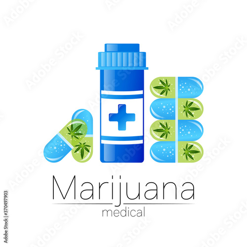 Medical cannabis symbol in vector. Logotype for marijuana, nature herbal medicine, therapy, doctors and store, business. Isolated on white background. Blue and green color. ew capsules