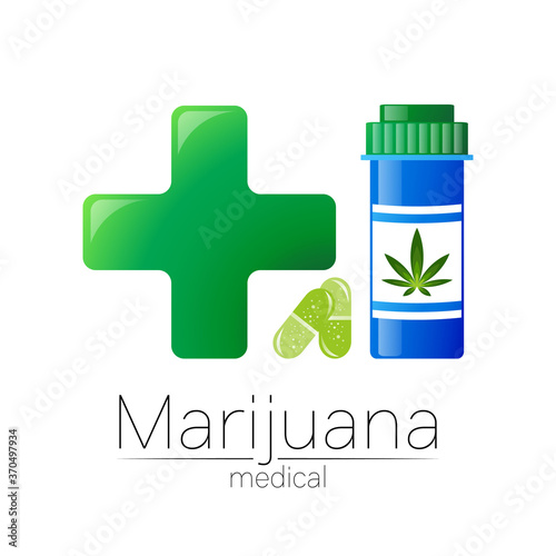 Medical cannabis symbol in vector. Logotype for marijuana, nature herbal medicine, therapy, doctors and store, business. Isolated on white background. Blue and green color. Big cross