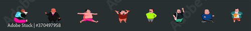 set of obese character. fat boy. cartoon vector illustration with various model isolated on dark background