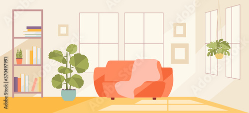 Warm living room with windows, sofa and flowers. Home comfort vector illustration