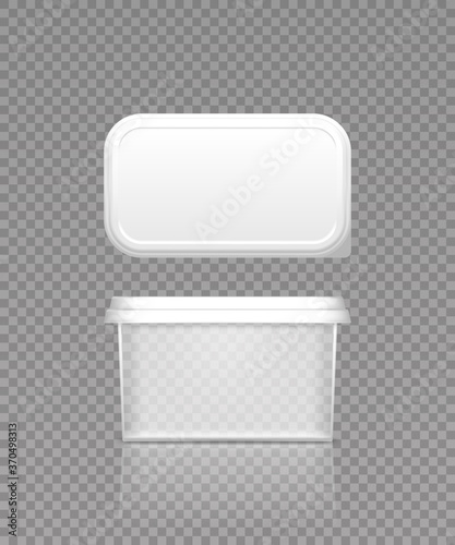 Empty transparent butter, cheese or margarine container with lid mockup - front and top view. Blank plastic food package cream, yogurt, dessert, spread. Product template. 3d vector illustration