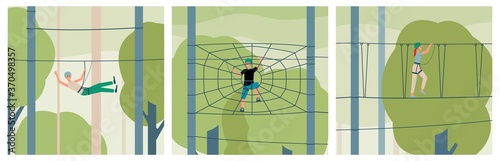 Adventure rope park with visitors climbing on ladders, flat vector illustration.