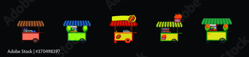 set of food cart or stand with various models isolated on black background