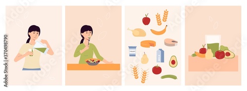 Woman on healthy food diet - poster set with fruit and vegetables