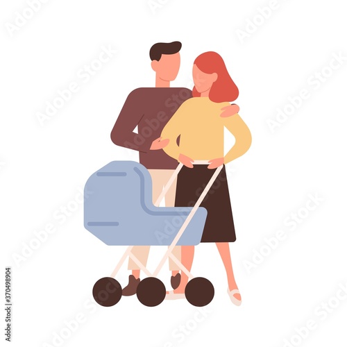 Lovely family with baby in stroller walking together vector flat illustration. Husband hugging wife feeling love and tenderness isolated on white. Cute mother and father enjoying parenthood together