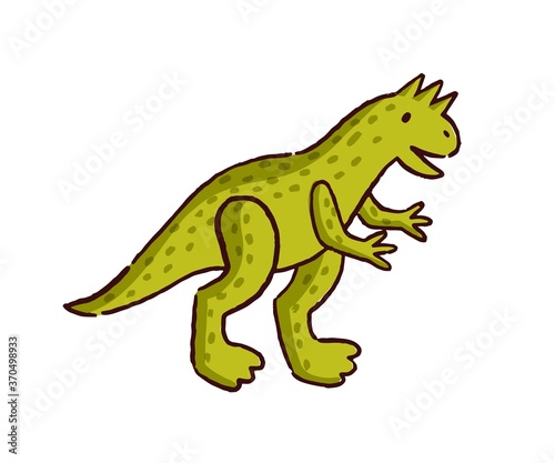 Cute hand drawn dinosaur baby toy vector flat illustration. Amusing childish stuff animal with tail decorated by design elements isolated on white. Funny adorable plaything for game or entertainment