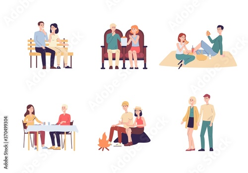 Set of loving couple spending time together flat vector illustration isolated.