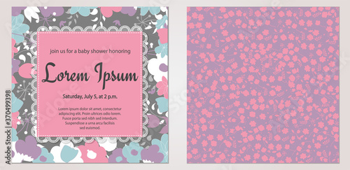Invitation card with laces and flowers, vector illustration