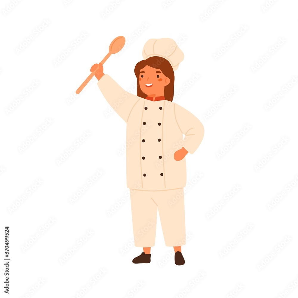 Adorable little chef portrait, cute girl in cook uniform. Child in chefs hat, toques. Smiling kid holding serving wooden soup spoon ladle. Flat vector cartoon illustration isolated on white background Adorable little chef portrait, cute girl in cook uniform. Child in chefs hat, toques. Smiling kid holding serving wooden soup spoon ladle. Flat vector cartoon illustration isolated on white background