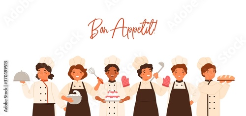 Bon Appetit banner with lettering and kids. Children cooking and serving meal, boys, girls in uniform, toques, chefs hat standing together. Flat vector cartoon illustration isolated on white