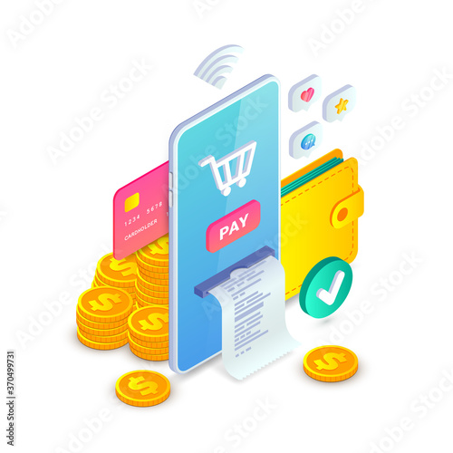 Online payment, Electronic bank app, Money transfer Isometric concept. Online shopping 3d design template with smartphone, wallet, icons and coins. E-commerce and mobile payments vector illustration