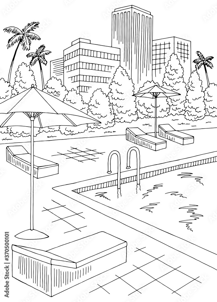 Swimming pool big hotel graphic black white vertical landscape sketch illustration vector