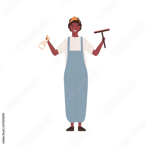 Cheerful woman cleaning service worker in janitor uniform holding sprinkler and window cleaning brush. Housekeeping company staff. Flat vector cartoon illustration isolated on white background