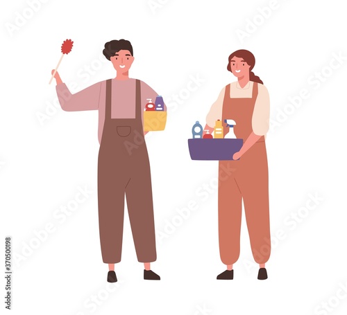 Cheerful people, cleaning service staff in janitor uniform with housekeeping box tool. Man, woman housemaid worker, cleaning company. Flat vector cartoon illustration isolated on white background