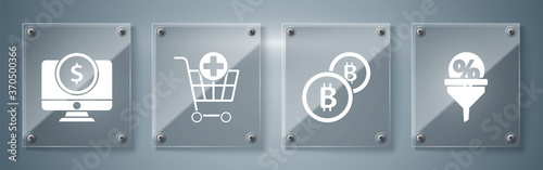 Set Lead management, Cryptocurrency coin Bitcoin, Add to Shopping cart and Computer monitor with dollar. Square glass panels. Vector.