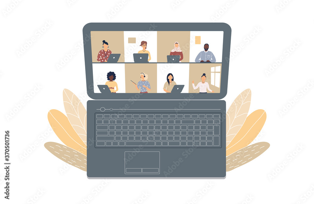 The concept of business videoconference,distance learning or online training during the virus epidemic.Laptop with a lot of open windows on Internet page with different people.Raster illustration The concept of business videoconference,distance learning or online training during the virus epidemic.Laptop with a lot of open windows on Internet page with different people.Raster illustration