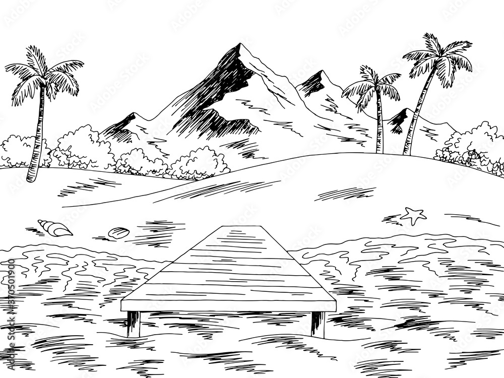 Naklejka premium Jetty sea pier coast graphic beach black white landscape sketch illustration vector